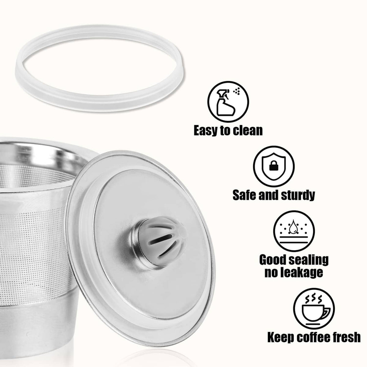 Transparent silicone gasket ring with vented stainless lid for leak-resistant seal