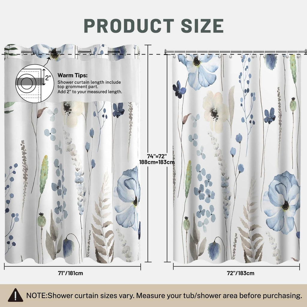 Floral shower curtain size diagram for 71 in width and 74 in length