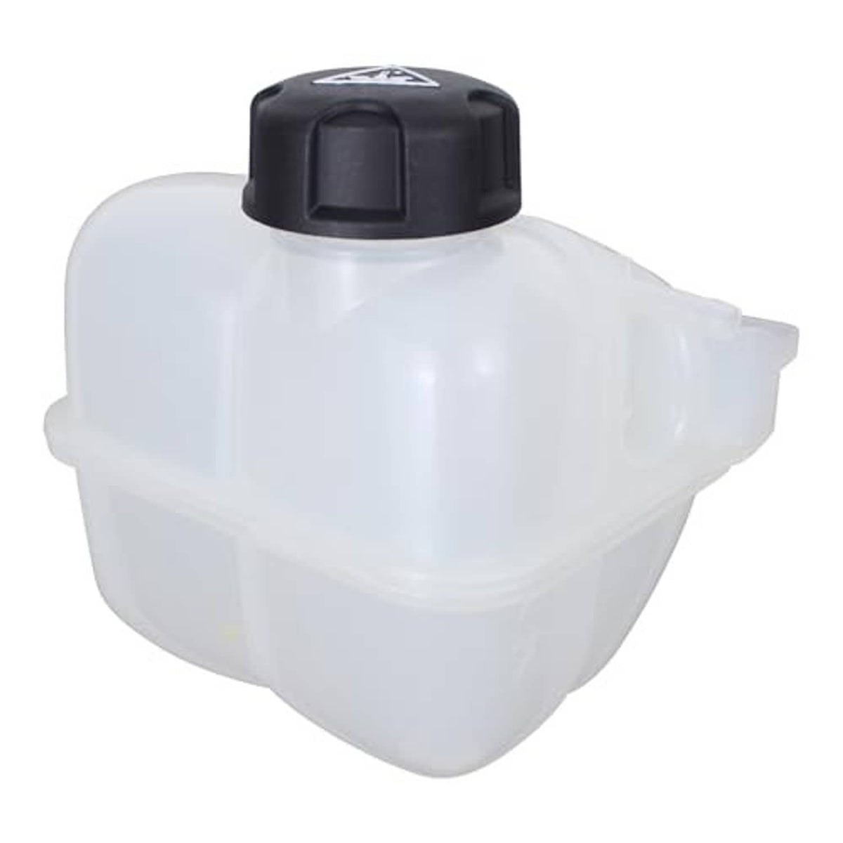 Coolant expansion tank, translucent white reservoir with black fill cap
