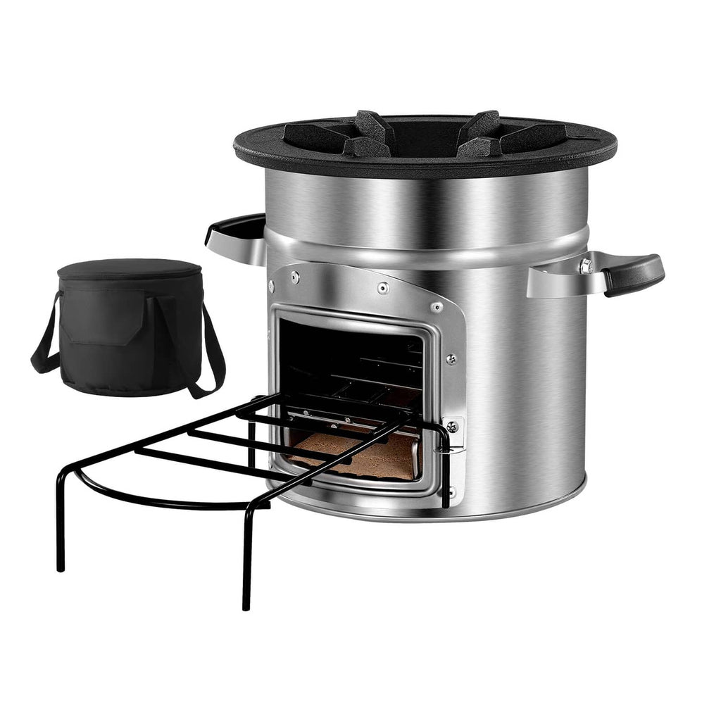Portable rocket wood-burning stove with black top grate and front door; includes carry bag