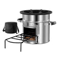 Portable rocket wood-burning stove with black top grate and front door; includes carry bag