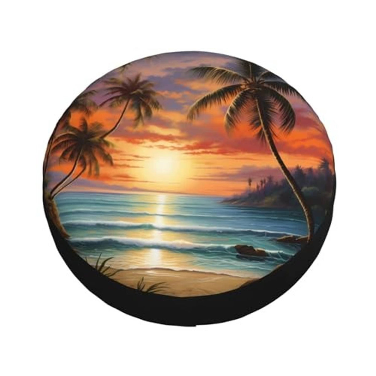 Tropical beach spare tire cover with sunrise sky, palm trees, and black outer edge