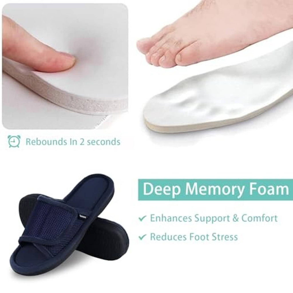 Navy open-toe slippers with thick memory-foam cushioned support