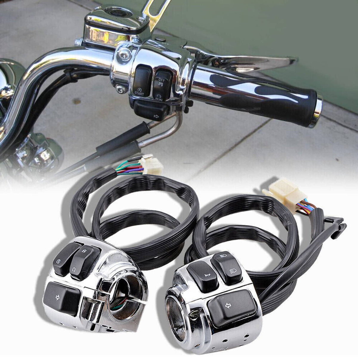 Motorcycle handlebar control switches with wiring harness and black cable loops