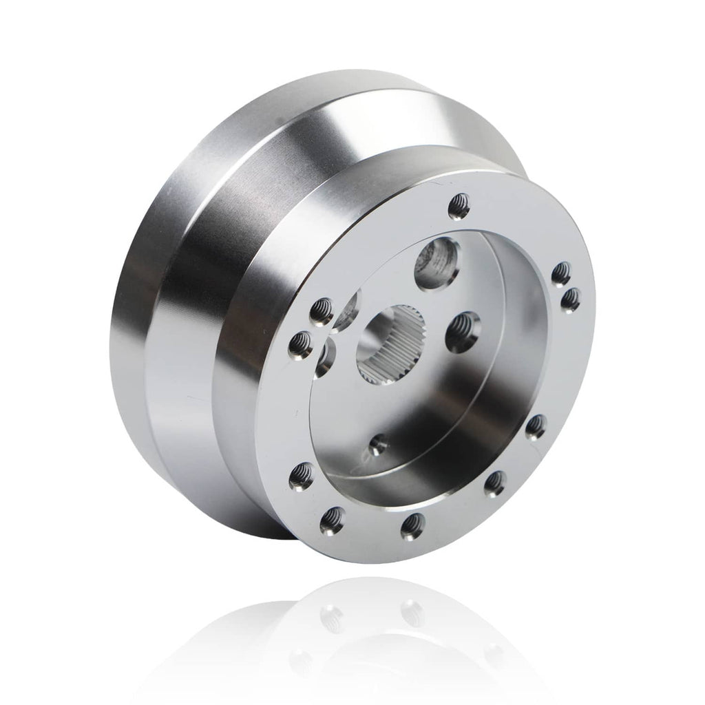 Polished 5/6-hole steering wheel short hub adapter with bolt pattern and center spline