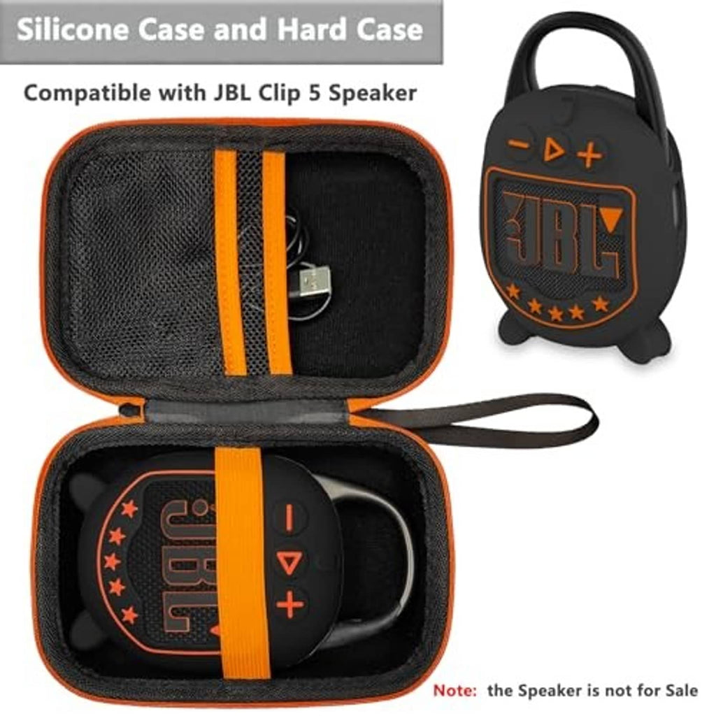 Black speaker case with orange-striped zipper pouch and wrist strap, showing front cutout