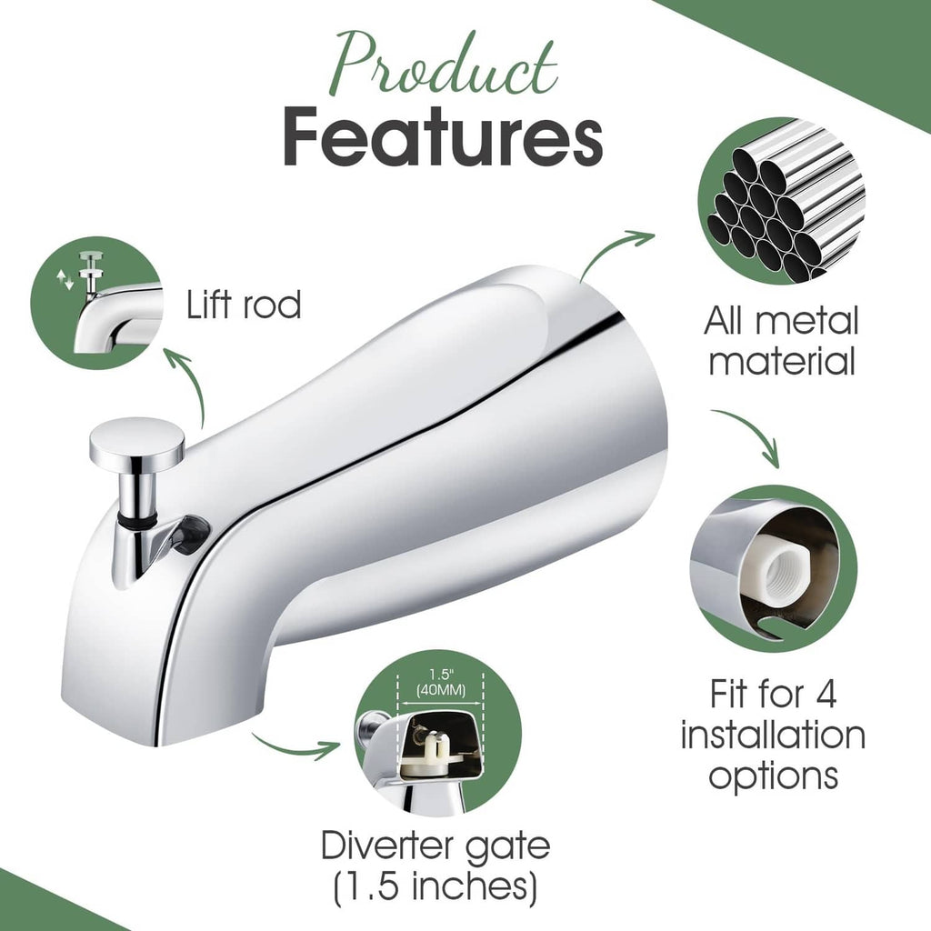Chrome bathtub tub spout with lift rod and diverter gate