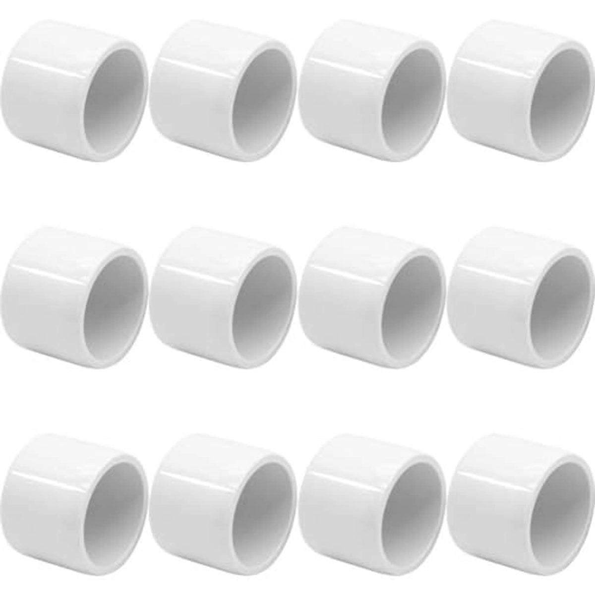 White 1/2 in PVC pipe end caps, round openings, multiple angles shown