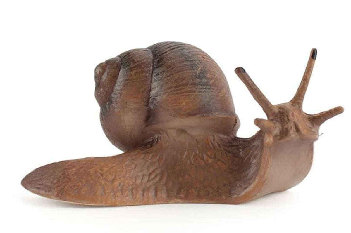 Realistic mini snail figurine with brown spiral shell and curled body, raised antennae.