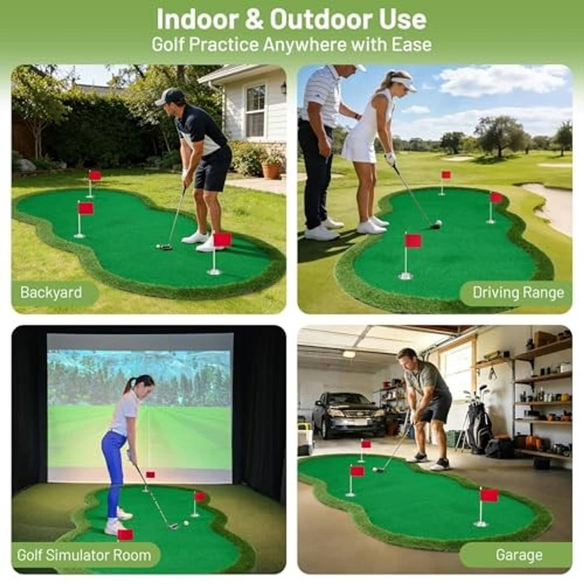 Green golf practice putting mat with multiple red flag hole targets