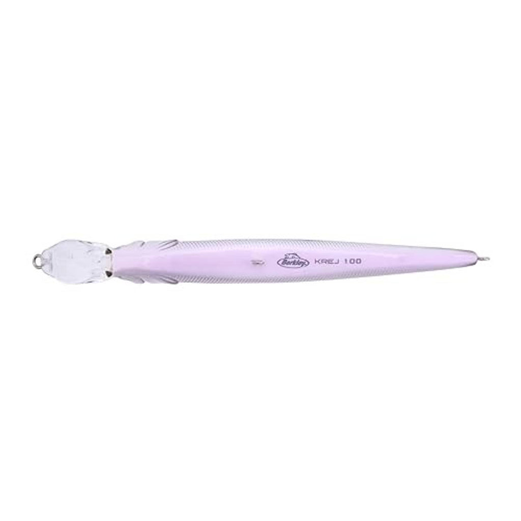 White and purple minnow fishing lure with lip and treble hook
