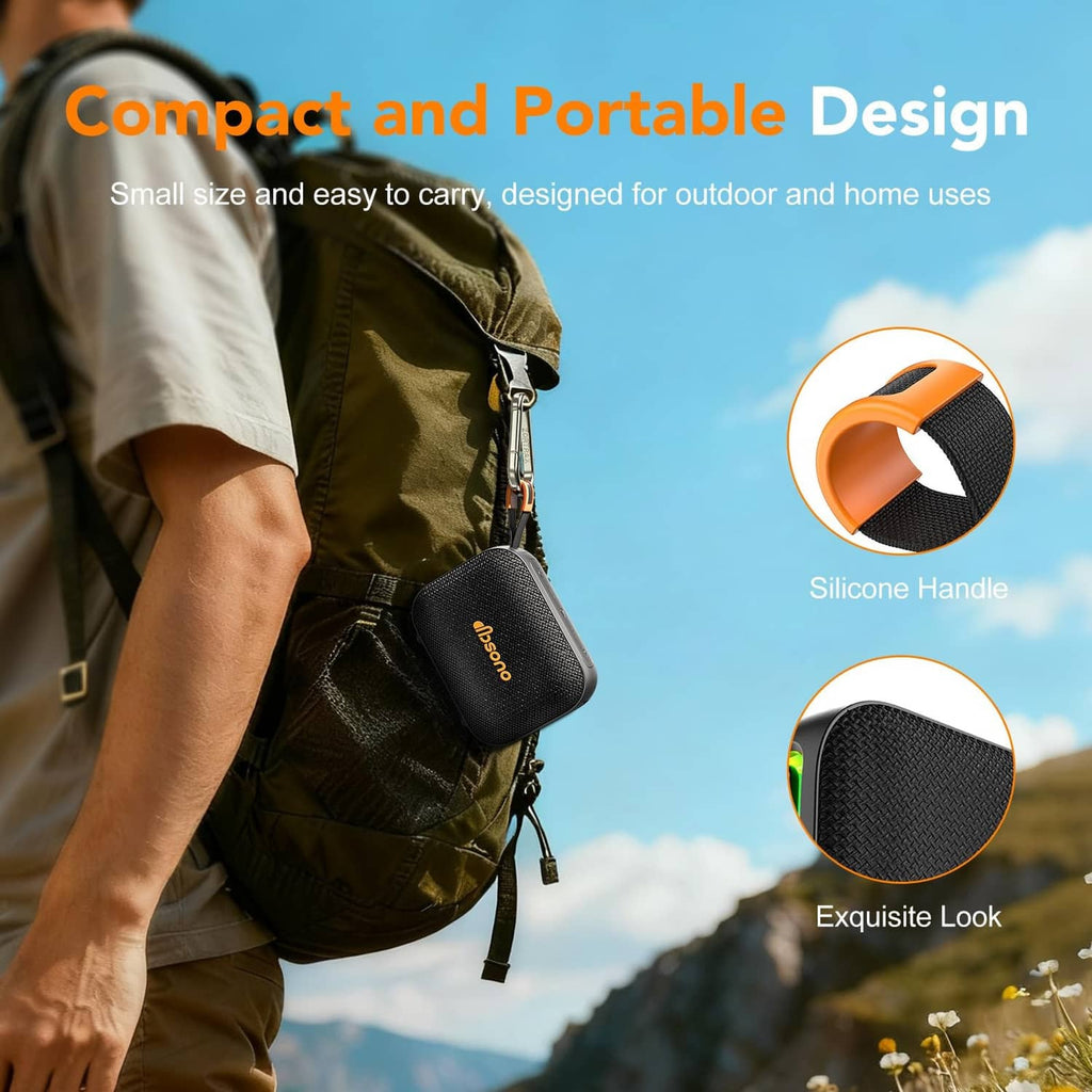 Portable Bluetooth speaker with silicone carry handle, black mesh texture