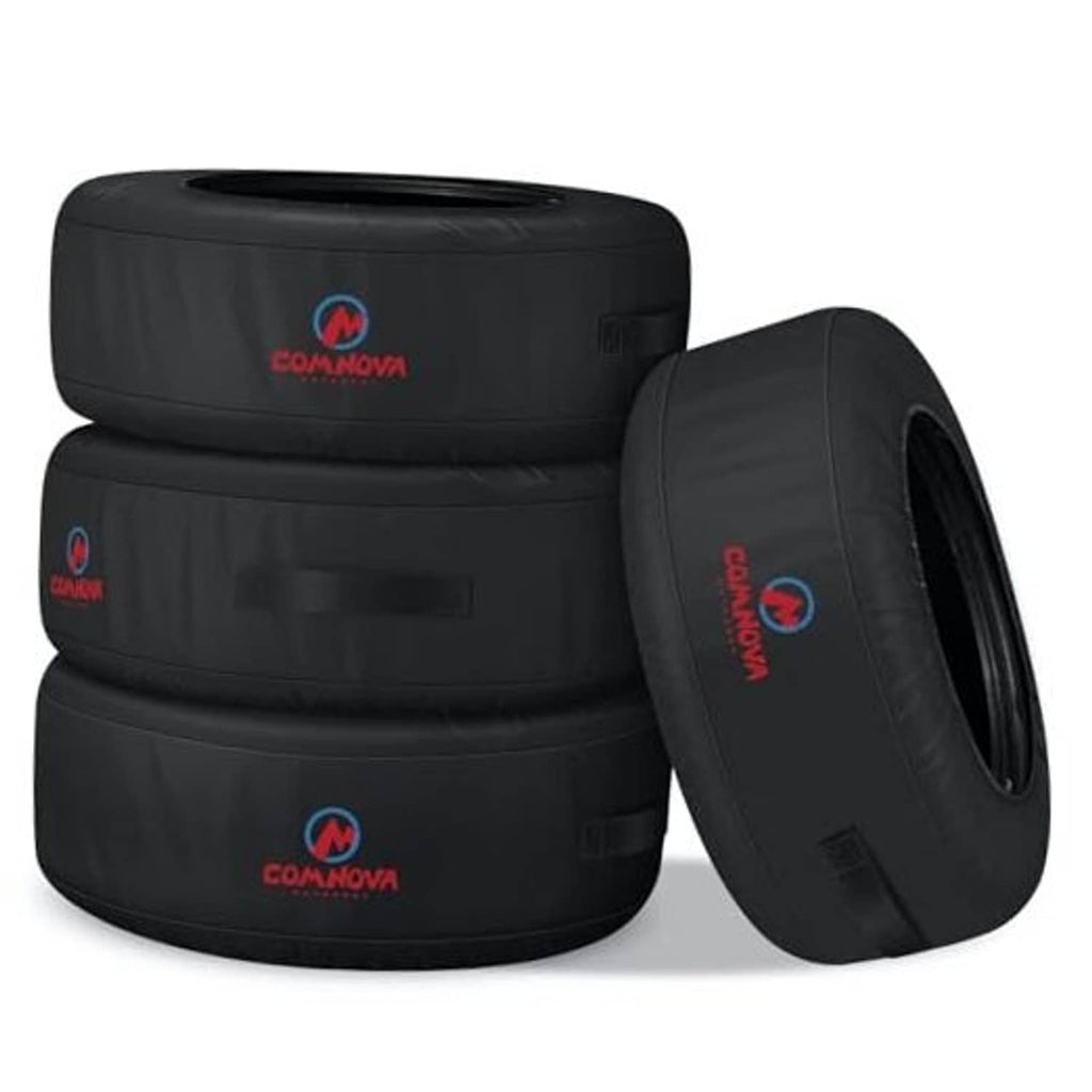 Black spare tire tote bags (4 pack) with carry handles, stacked and one side open