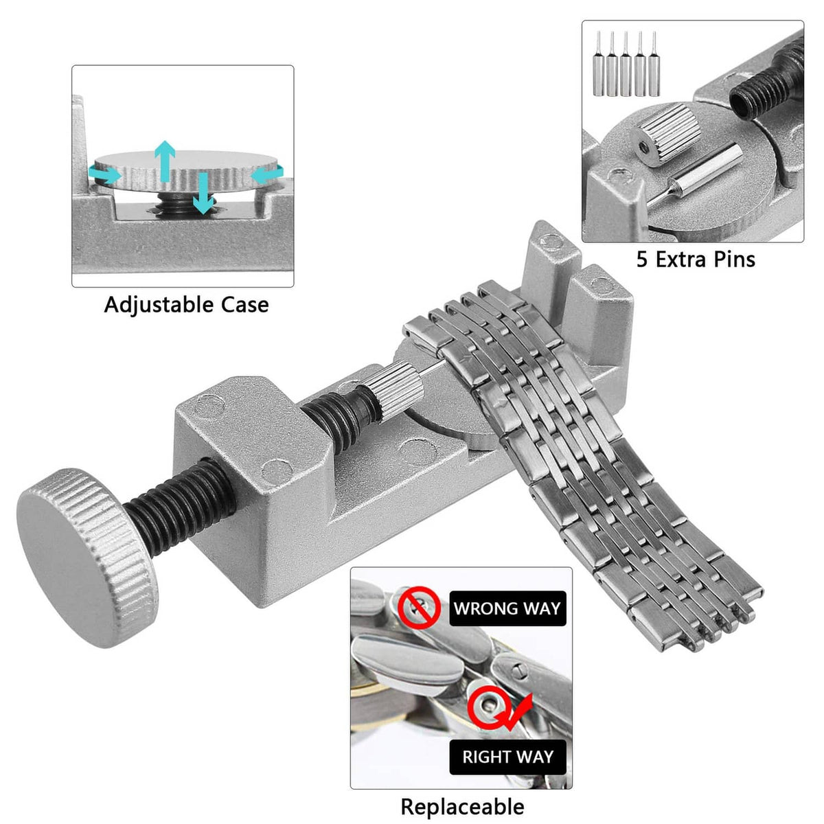 Adjustable case opener clamp with replaceable pins for opening watch backs