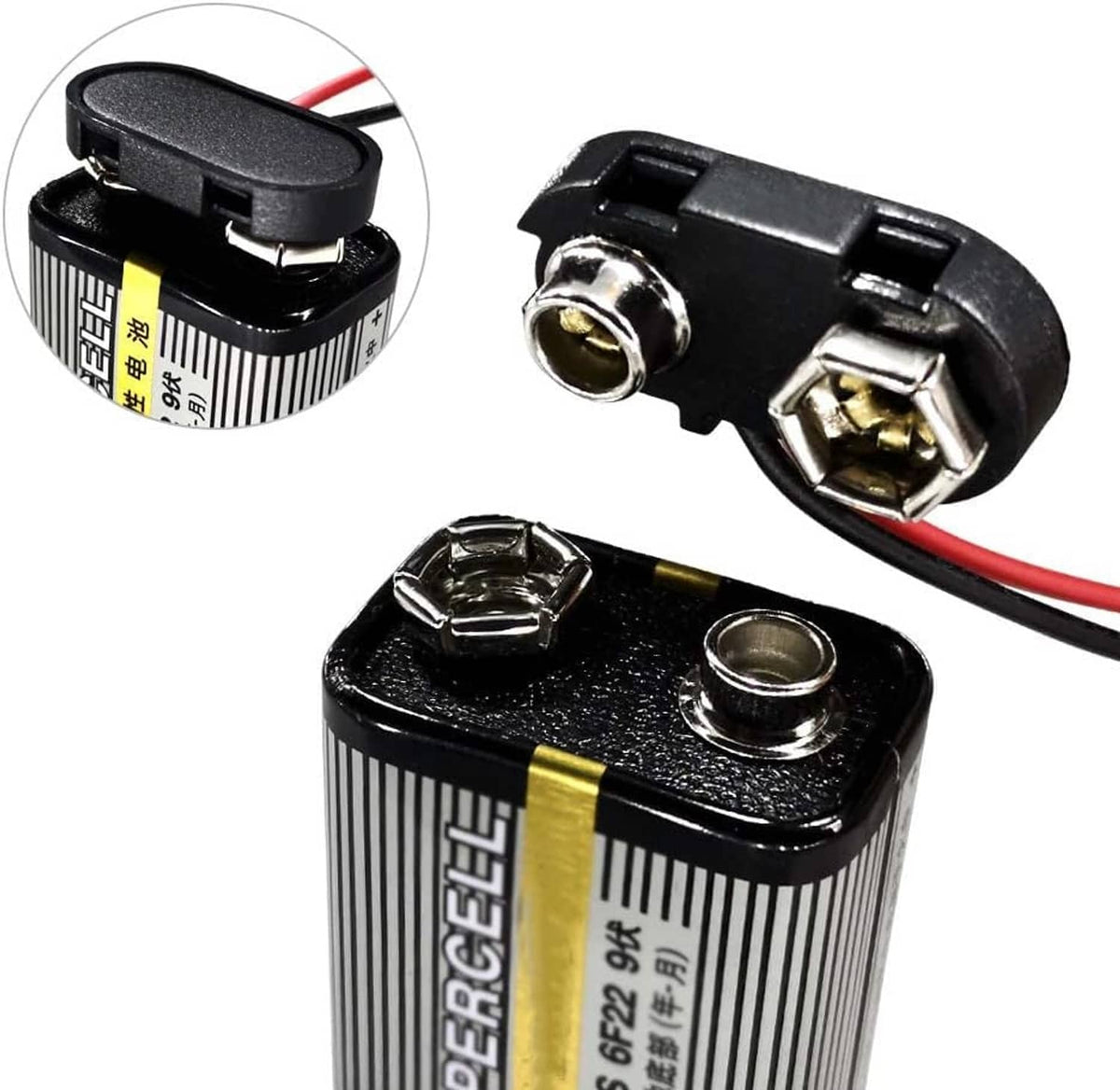 T-type 9V connector terminals with gold contact points and red/black wires