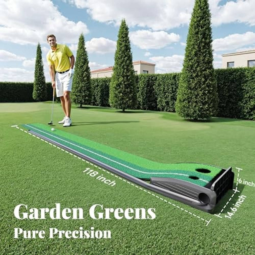 Outdoor golf putting mat with green turf, white guide line, and two end holes