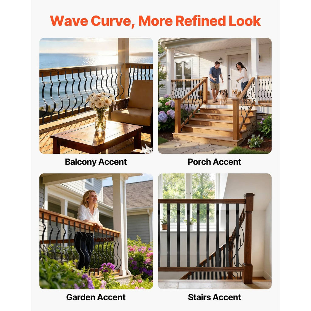 Black wave baluster spindles for balcony, porch, garden, and stairs railings