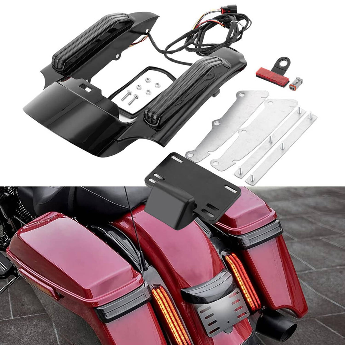 LED rear fender fascia light kit components: two black housings, wiring, and mounting plates