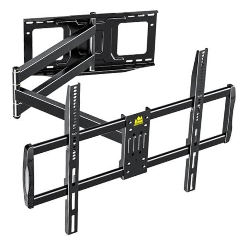 Black full-motion TV wall mount with long arms and wall bracket kit