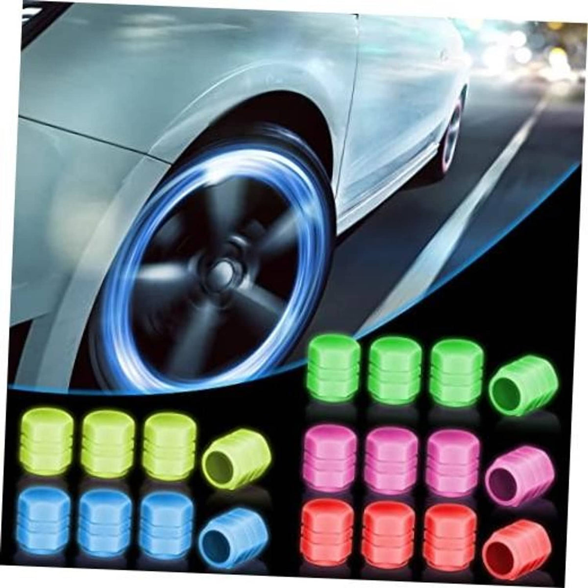 Glow-in-the-dark tire valve caps, multi-color set on display with car wheel backdrop