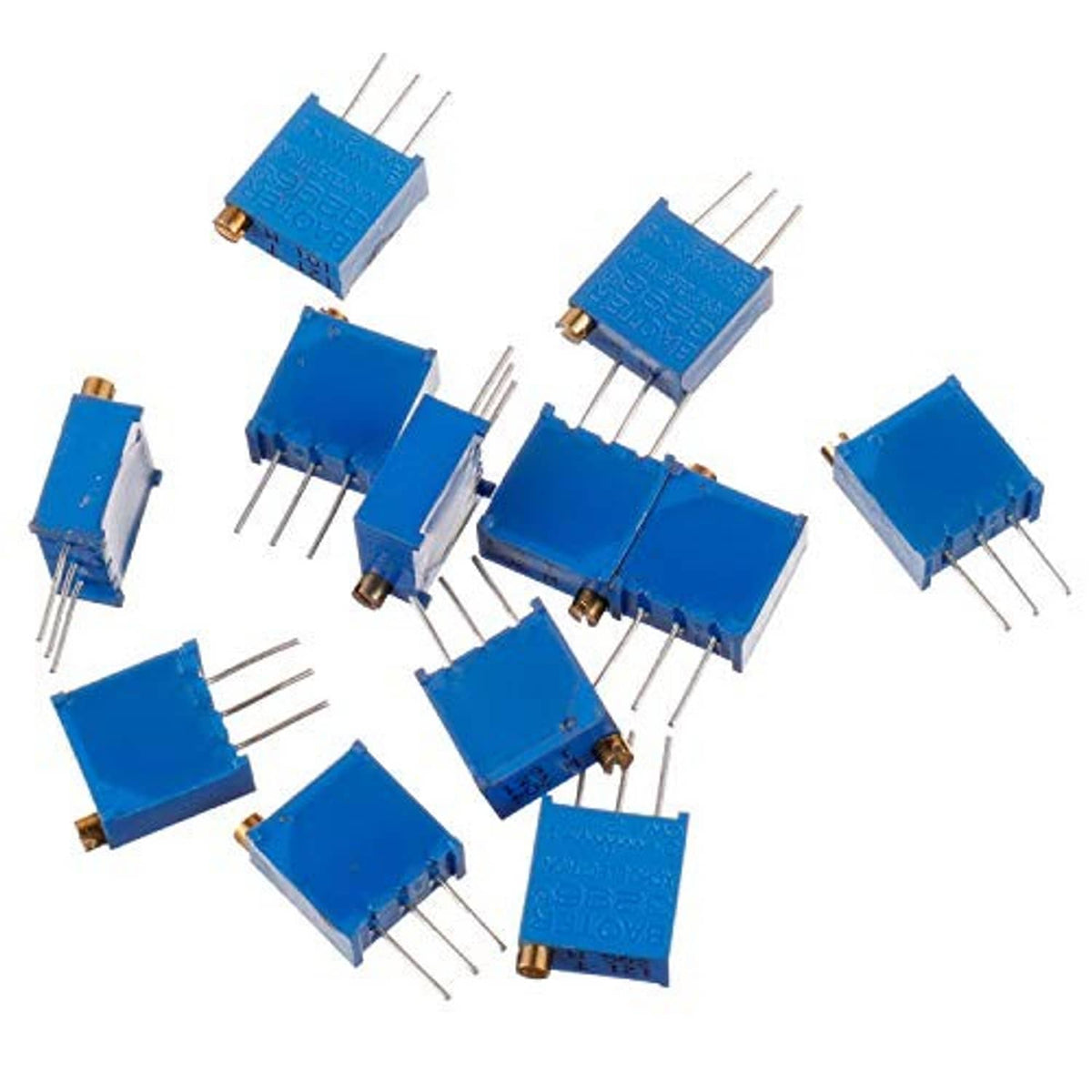 Assorted blue BOJACK multiturn potentiometers with three metal pins each