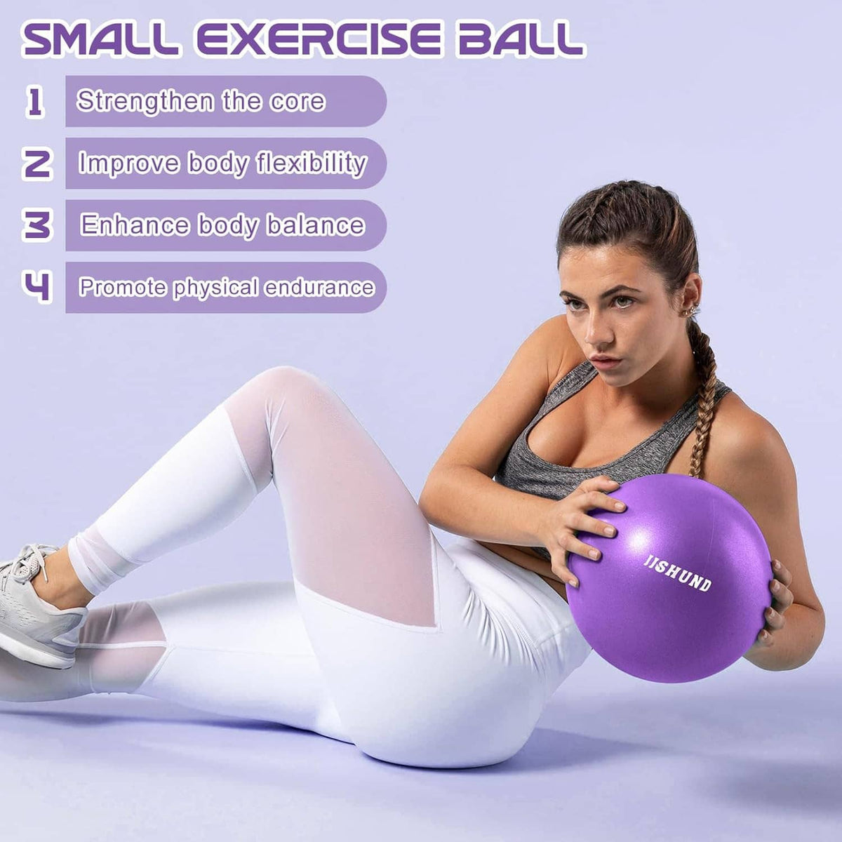 Purple small exercise ball used for core workout while lying on mat