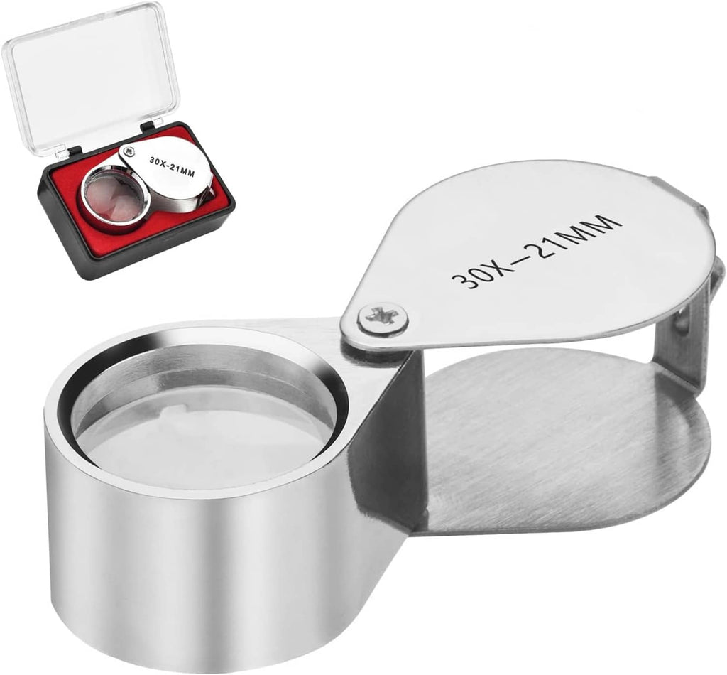 Foldable jewelers loupe magnifier kit with 30x 21mm lens and protective storage case.