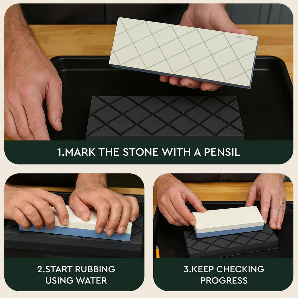 Dual-grit flattening stone held over a black tray, shown with diamond groove texture
