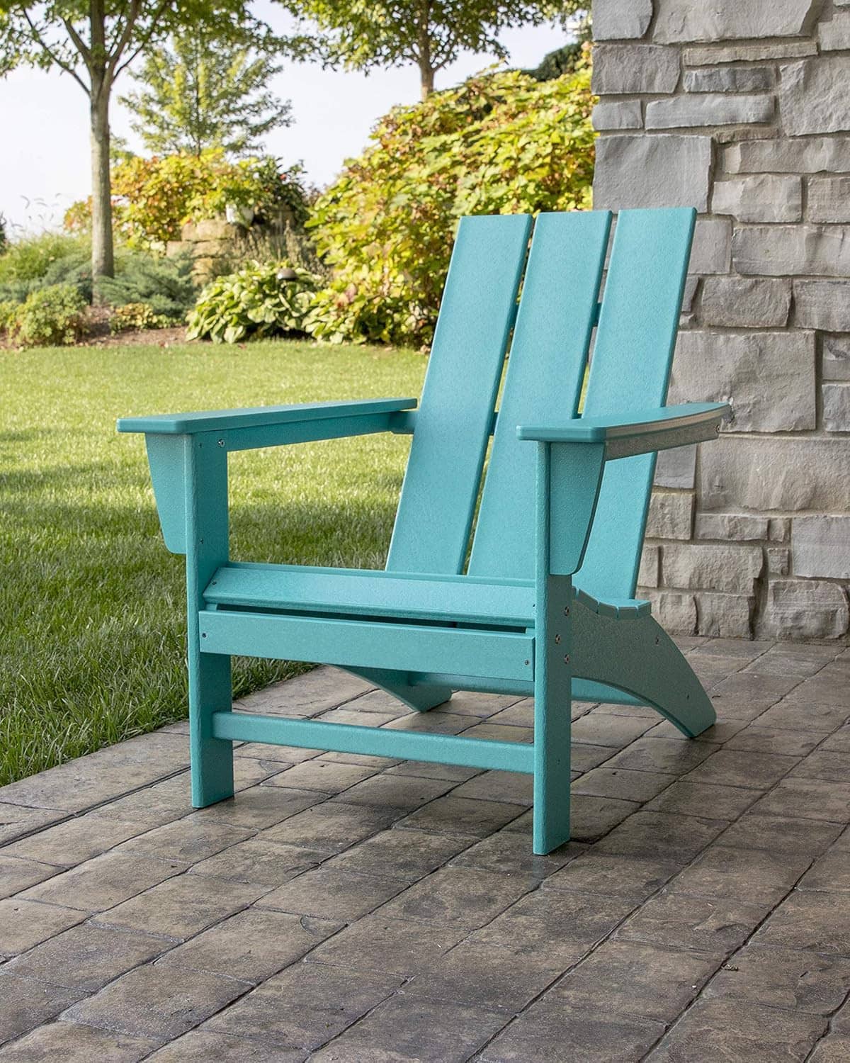 Teal Adirondack rocking chair with slatted back and wide armrests