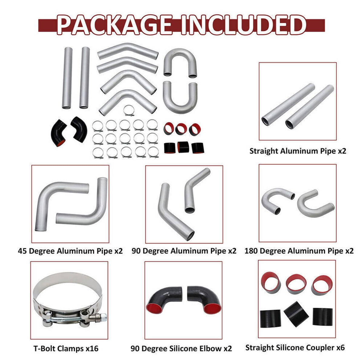 Intercooler piping package contents: aluminum pipes, silicone couplers, and metal T-bolt clamps