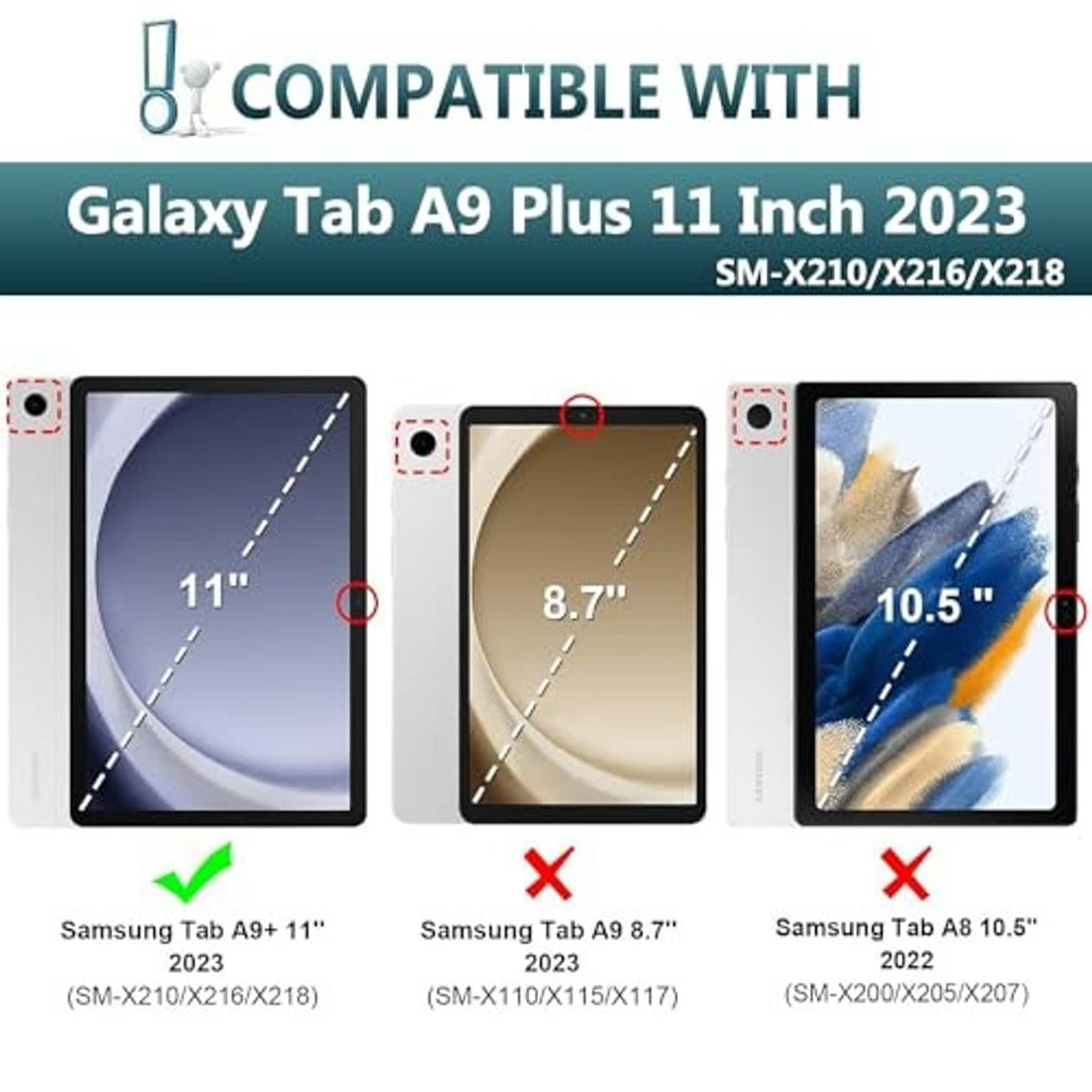 Tablet keyboard case compatibility graphic showing correct 11-inch model fit