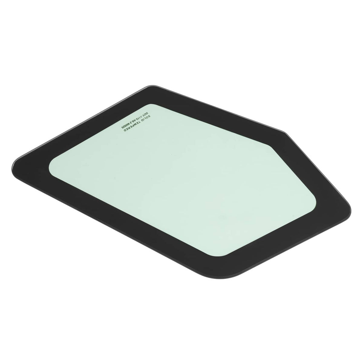 Square-corner cab door window glass with black frame and light green tinted center