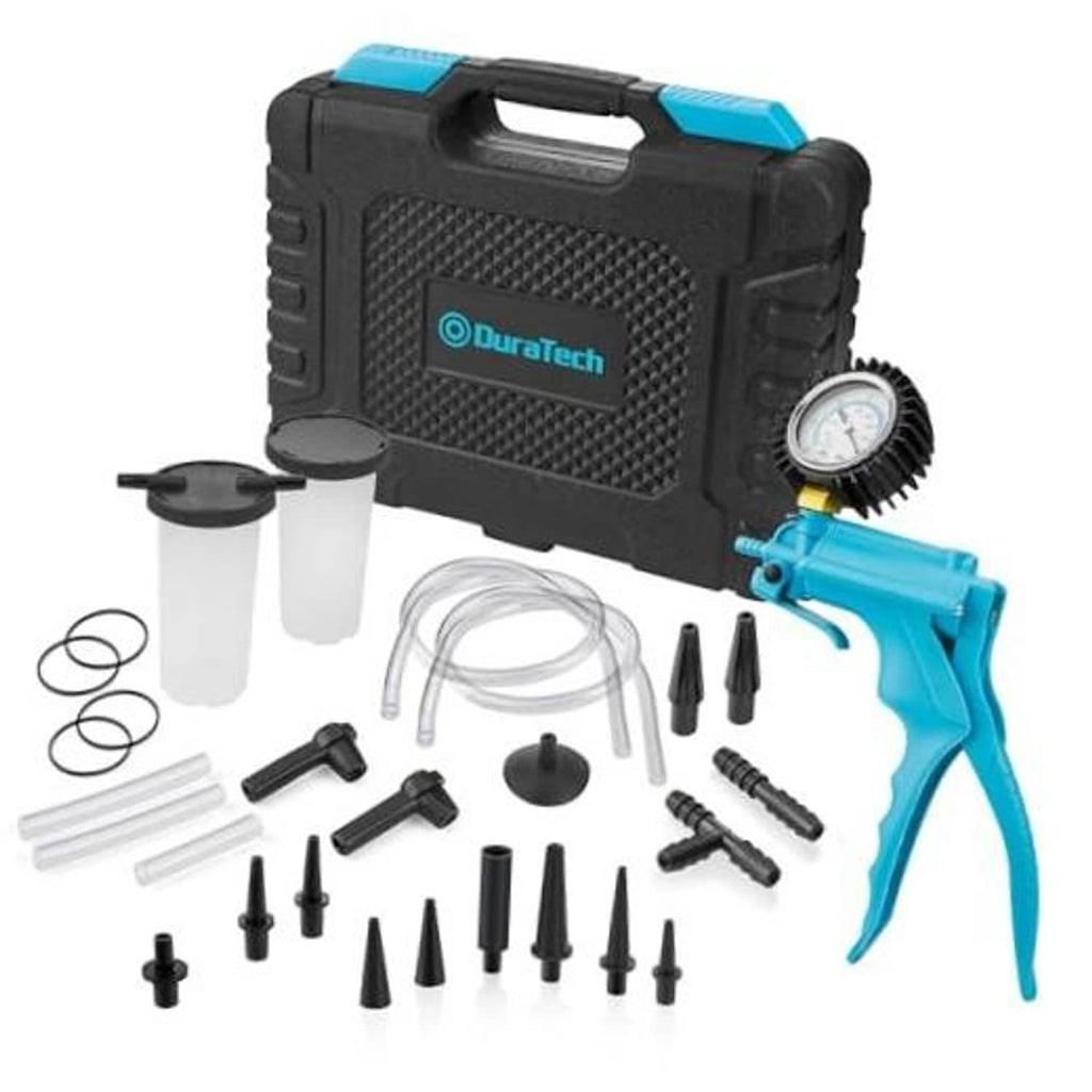 Brake vacuum bleeder kit with blue handheld pump, gauge, hoses, adapters, and jars