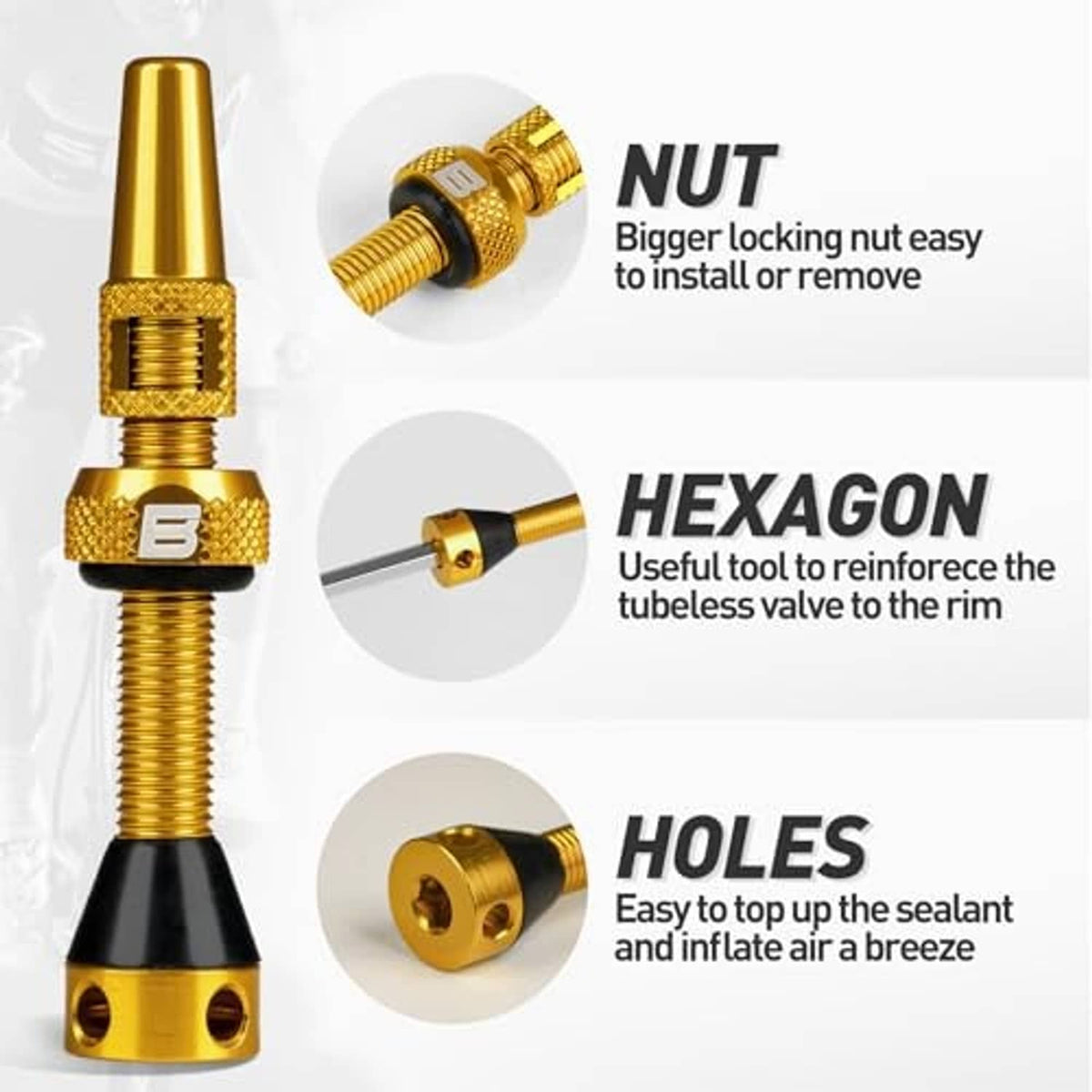 Golden tubeless Presta valve stem with hex area and threaded section detail