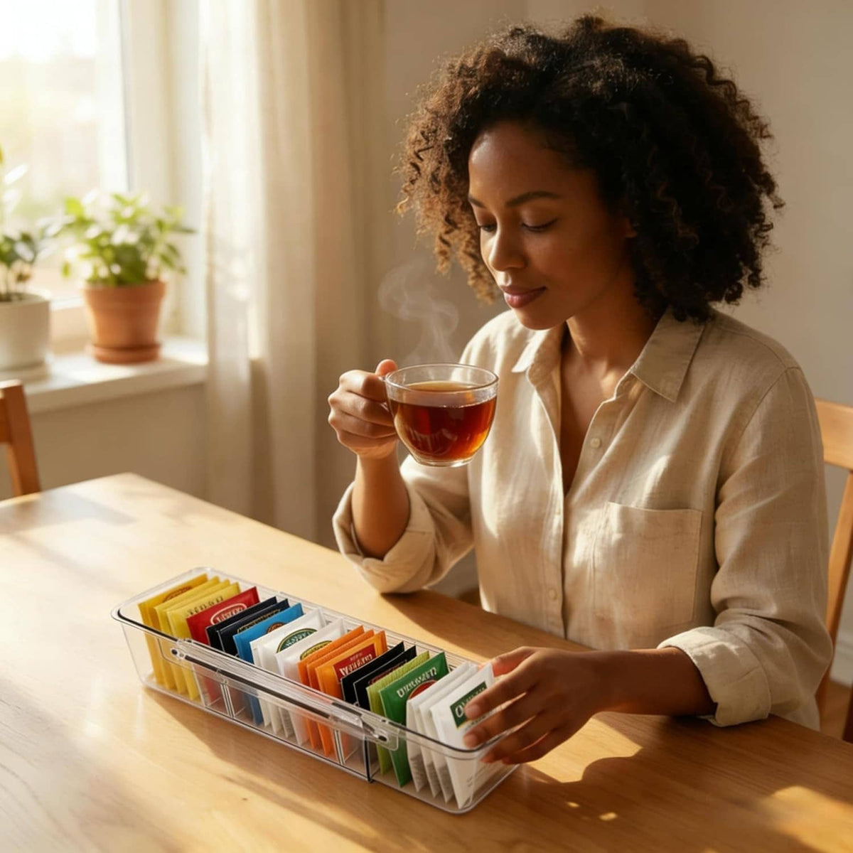 Clear acrylic tea bag storage box with divider insert, filled with assorted tea packets