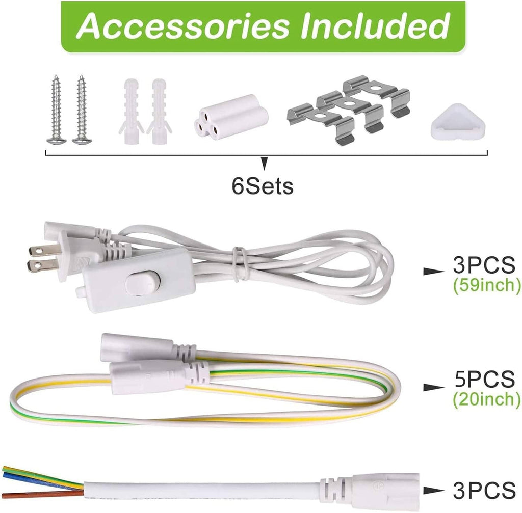 LED tube light accessories kit with power cords, connectors, and mounting pieces