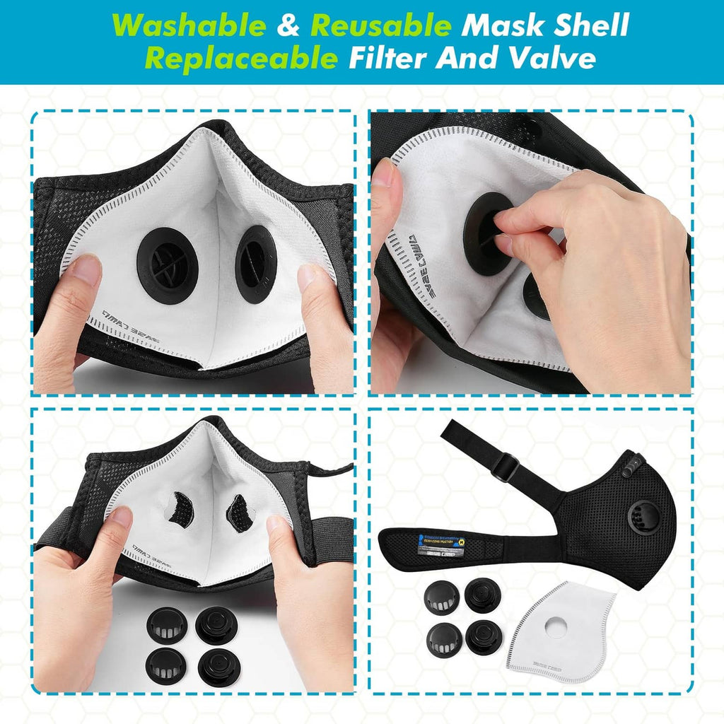 Dust mask replacement guide showing reusable shell, removable filter, and valve pieces