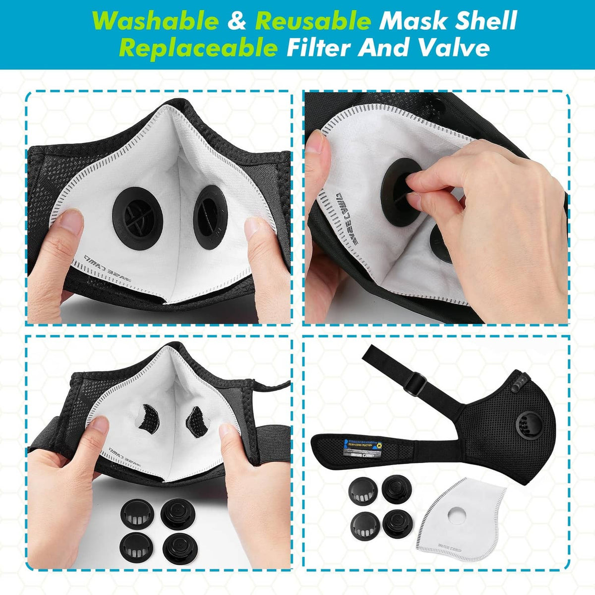 Dust mask replacement guide showing reusable shell, removable filter, and valve pieces