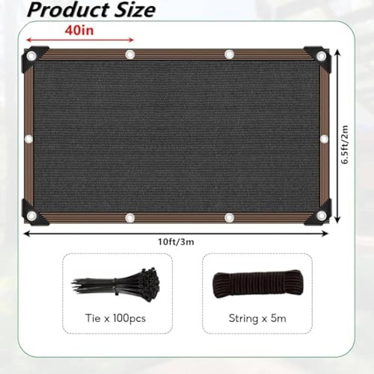 Black shade sail size diagram showing grommet corners and 10ft x 6.5ft dimensions