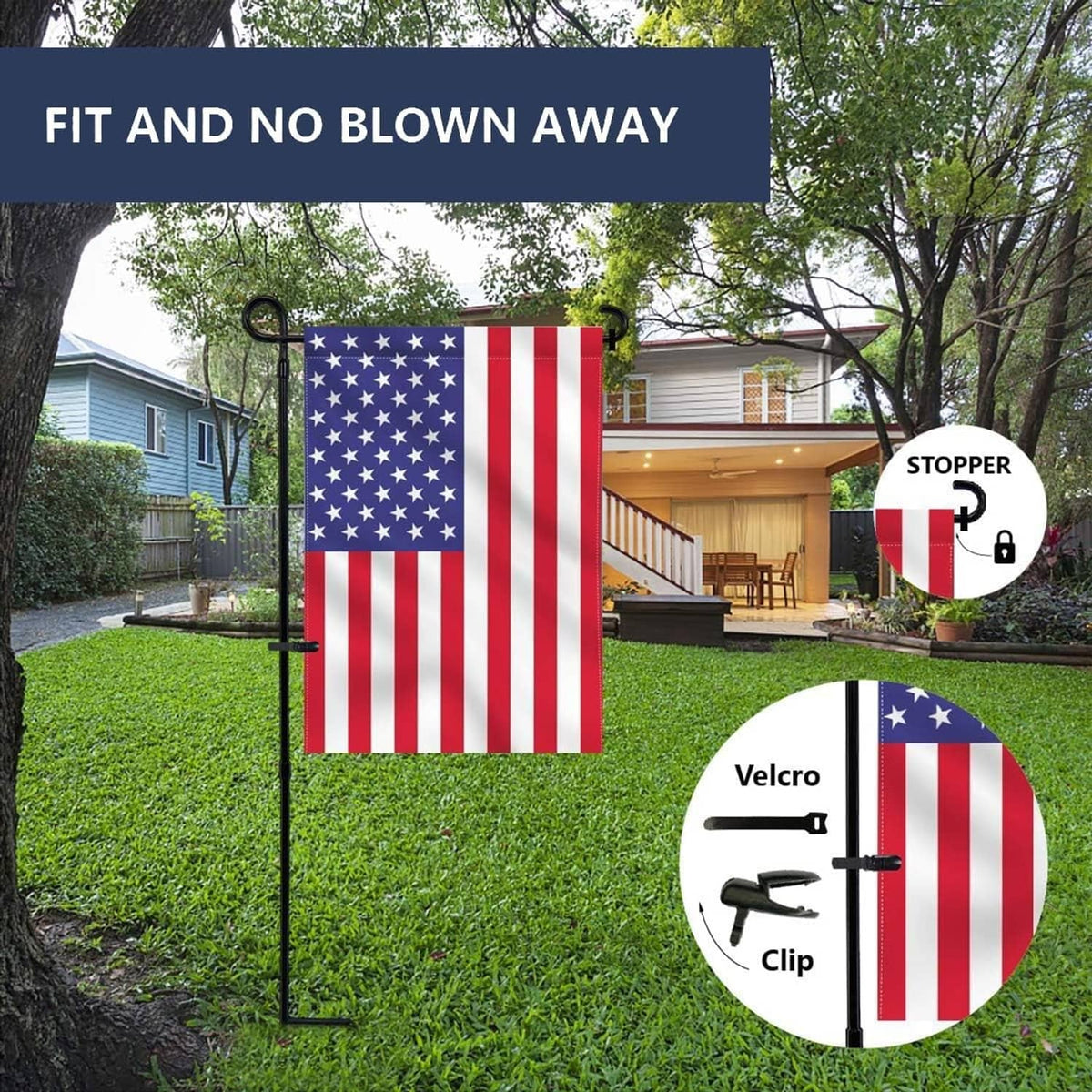 Black garden flag stand with top hook and spike base, plus Velcro tie and clip mount
