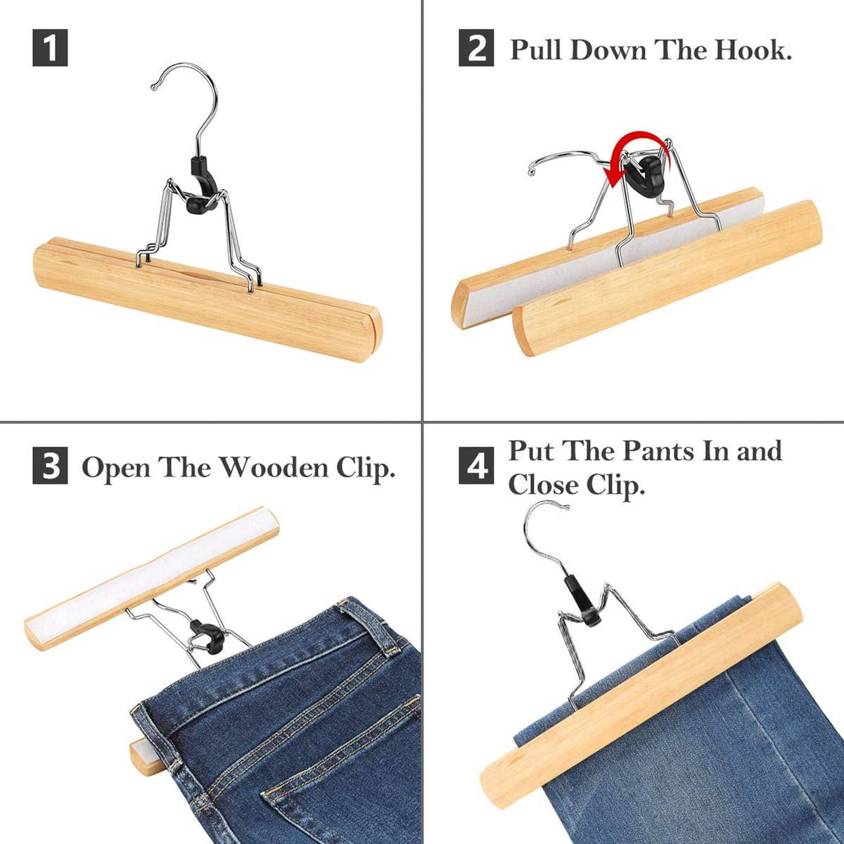 Natural wooden pants hanger with open-and-close black clip securing denim