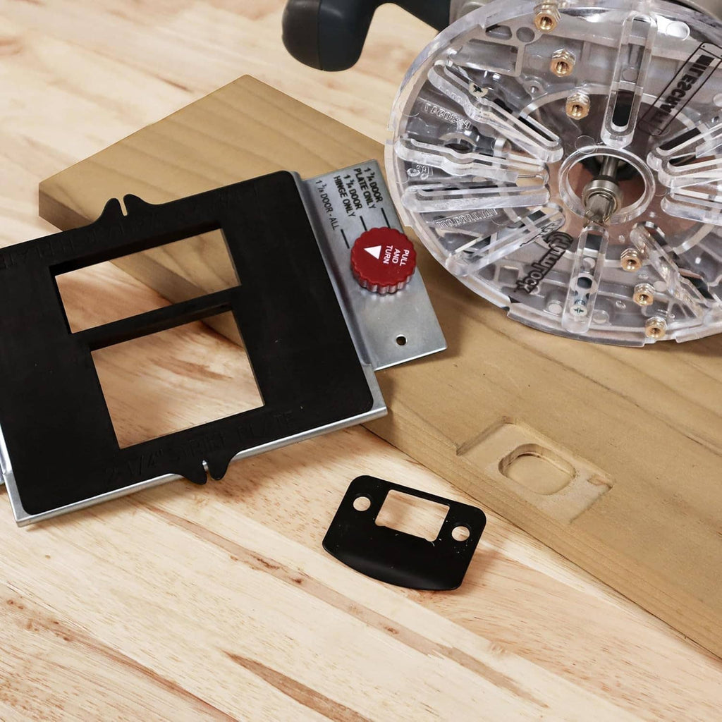 Door lock and hinge template set with black guide plates and metal mounting plate