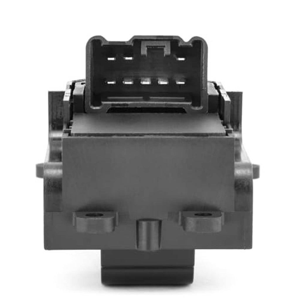 Power window switch underside view with connector terminals and mounting base, black plastic.