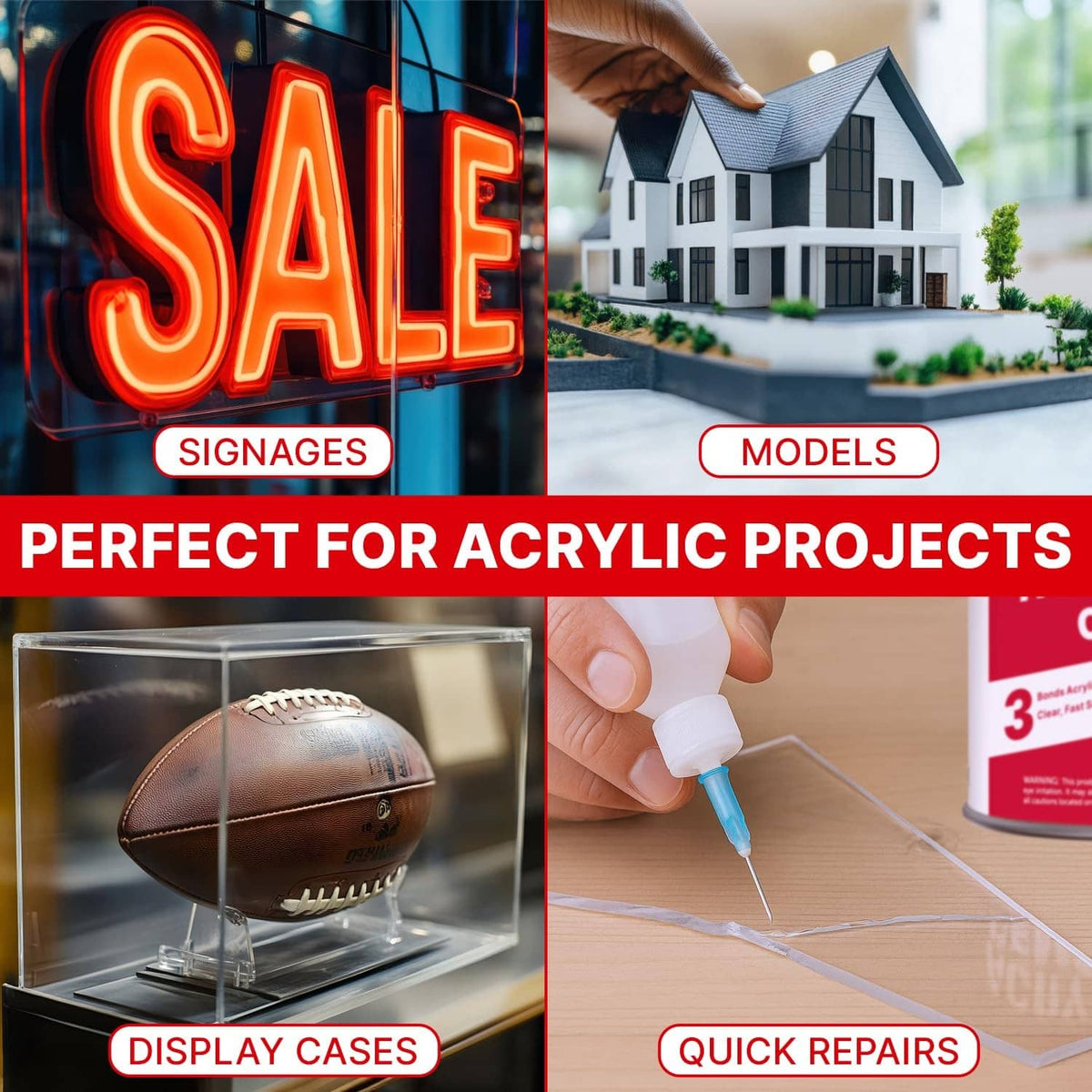 Acrylic cement canister with applicator bottle shown with project display examples