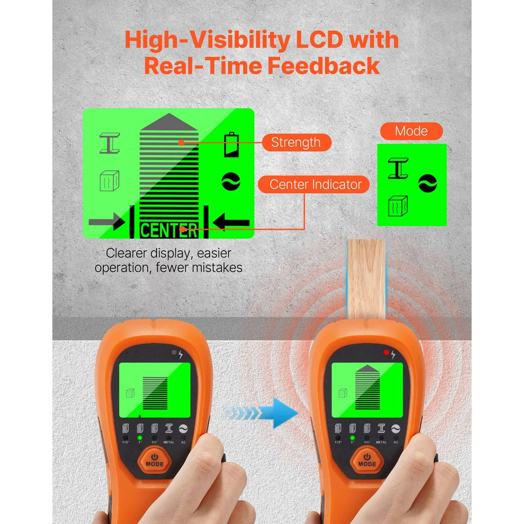 Orange wall scanner showing high-visibility green LCD with center indicator