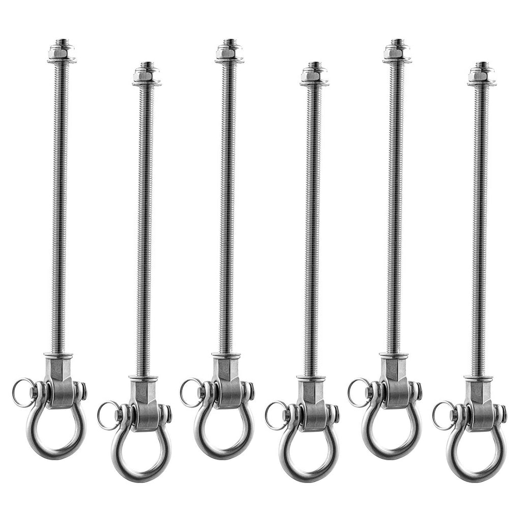 Set of six silver hammock swing brackets: threaded posts with spring eye hooks