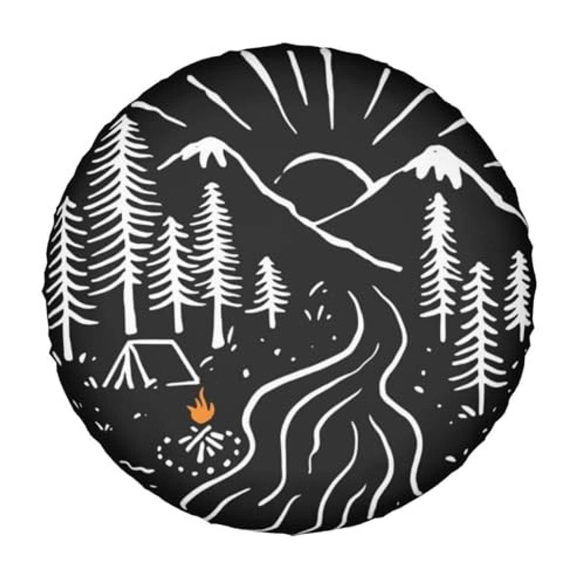 Round universal spare tire cover, black with white forest, mountains, and river design