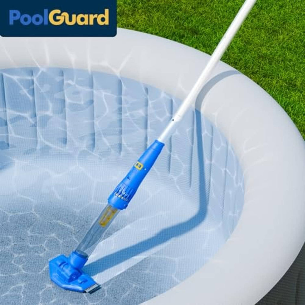 Cordless pool vacuum with blue brush head cleaning inside an above-ground pool