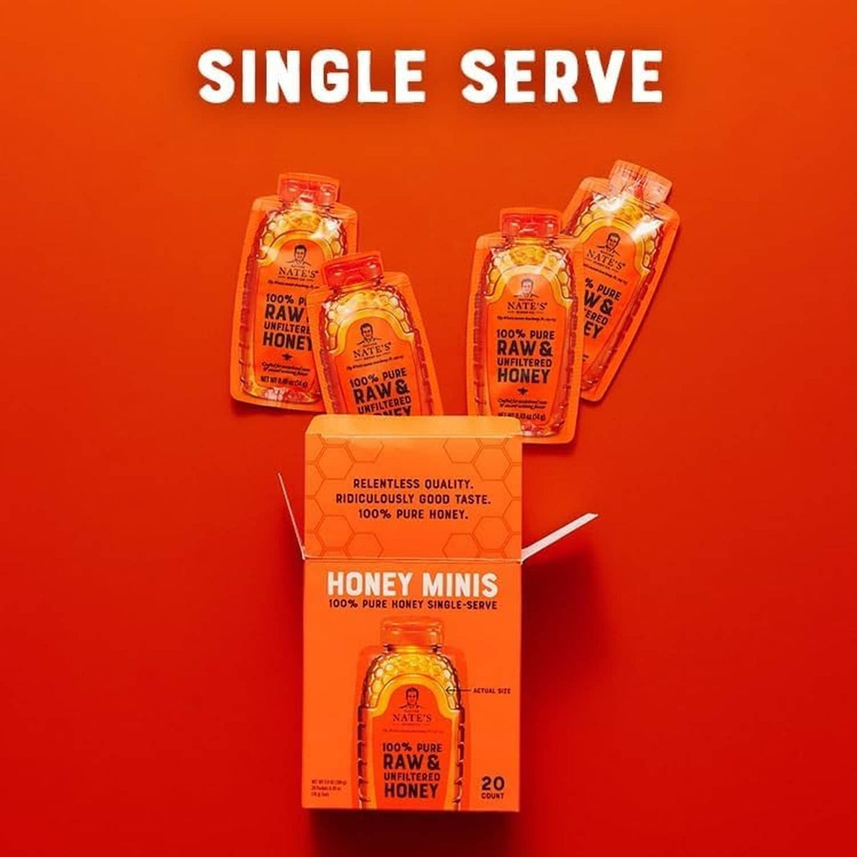 Nate's Honey Minis single-serve raw & unfiltered honey pouches and bottle set