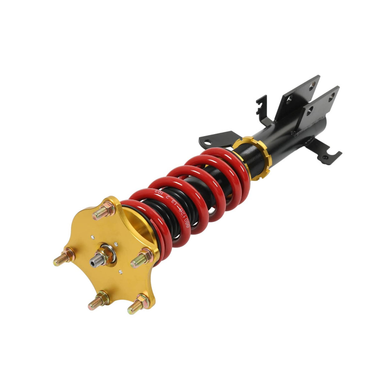 Single coilover shock with red coil spring, gold base plate, black top bracket